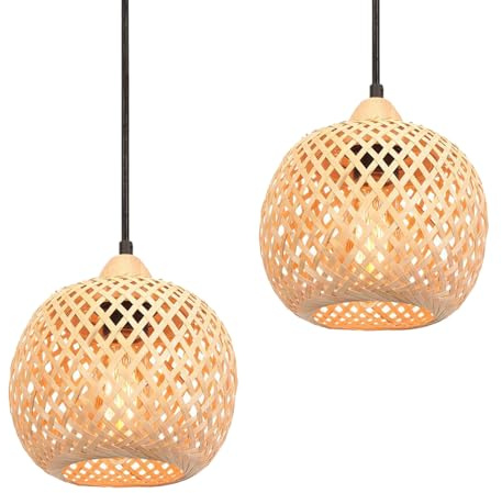 Hänglampor i naturlig bambu, 2-pack hängande rottingvävning retro ljuskrona taklampa justerbar höjd för vardagsrum sovrum hall, 20 cm