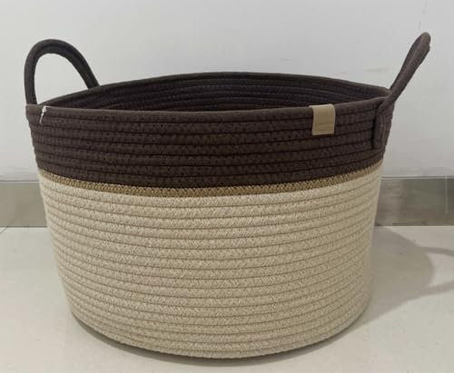 La Jolíe Muse Large Storage Basket - Cotton Rope Laundry Basket with Handle for Diaper Blanket Toy Towel Woven Laundry Basket Home Decor, Pewter Oatmeal-S