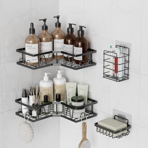LUCUHM Corner Shower Caddy – 4 Pack Black Bathroom Storage Shelves No Drilling – Stick on Adhesive Shower Organiser Caddy with Hooks – Corner Tidy Accessories for Shampoo Shower Gel Black