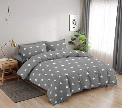 Etrexonline Juego de Funda Nórdica 4 Piezas Cama 135 Microfibra Suave Transpirable - 1 Funda Edredón 220x220 cm, 1 Bajera 135x200+28 cm y 2 Fundas de Almohada 50x75 cm (Estrella Gris)