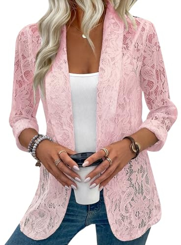 YOUNIFIZ Women's Blazer Lace Open Front 3/4 Sleeve Button Down Sheer Mesh Blazers Casual Blazer Jacket