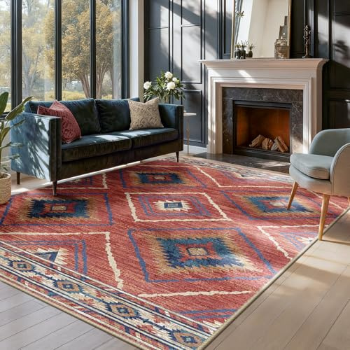DEFYNEE Maschinenwaschbare Teppiche für Wohnzimmer, 150 x 210 cm, rutschfeste Teppiche, Rot