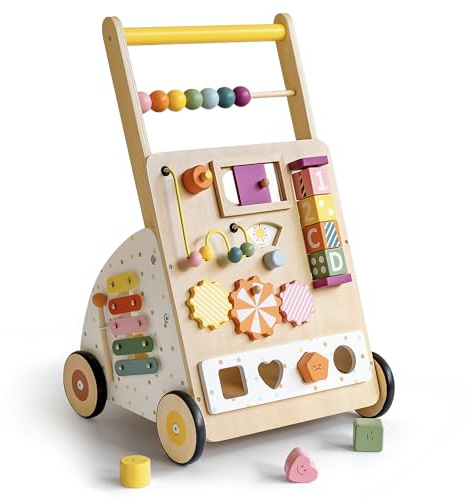 Wooden Baby Walker with Activity Center – Montessori Push Walker Toys for Boys & Girls 18 Months+ – Educational Toddler Learning Walker with 10-in-1 Sensory Games