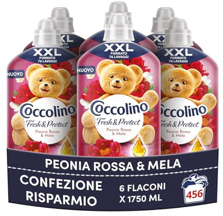 Coccolino Ammorbidente Concentrato Peonia Rossa e mela, Ammorbidente Lavatrice Fresh&Protect, Morbidezza Naturale, Freschezza Lunga, Formato XXL 456 Lavaggi, 6 x 1750 ml