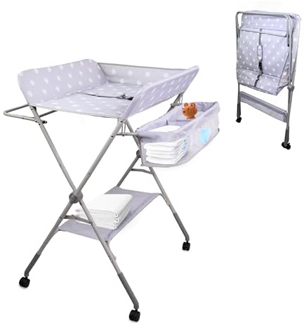 Mobiclinic®, Baby Changing Table, Foldable, Height Adjustable, Up to 15 kg, 0-36 Months, Diaper Organizer, 360° Wheels with Brake, Harness and Safety Fence, Washable Cover, Storage, Zoey