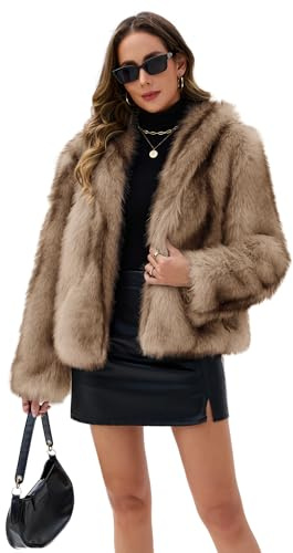 FIOPHY Womens Faux Fur Coats Long Sleeve Stand Collar Open Front Jacket Top