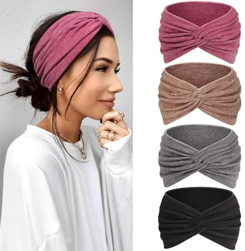 Kavya Headbands for Women's Hair Hair Bands 4-Pack – Wide Thin Elastic Boho Tie Dye Knotted Head Band Vintage Hairband for sports, Yoga, Makeup, Spa & Fashion Accessories (Gray)