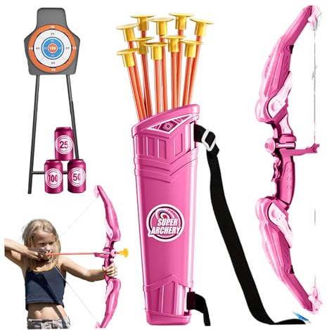 Set Arco e frecce per bambini Set di tiro con l'arco per bambini in plastica LED Include e frecce, custodia, bersagli bottiglie Giocattoli educativi facili da usare per 4 anni Rosa