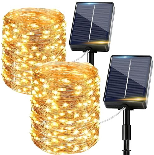 Luci Solari Esterno 2 Pacchi, 15+2M 150LED Catena Luminosa Esterno Solare IP65 Impermeabili 8 Modalità Bianco Caldo Filo di Rame, Luci Solari da Giardino Decorative Per Albero Patio Terrazze Balcone
