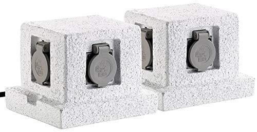 Royal Gardineer Energiestation Garten: 2er-Set 4-fach-Garten-Steckdosen, Stein-Optik, Spritzwasserschutz IP44 (Steckdosenstein ohne Kabel, Gartensteckdose Verteiler, Weihnachtsbeleuchtung)