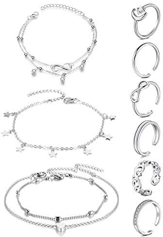 JFORYOU Zehenringe Offenen Verstellbar Zehenring, Fußkettchen Ketten Armbänder Fußschmuck Set für Frauen Mädchen
