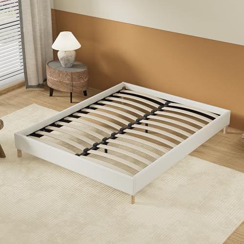 NOVEMBER Cama Doble con somier Integrado – Dimensiones 180 x 200 cm – Tapizado en Tela Blanca – Estable y Robusta/Patas centrales de Refuerzo