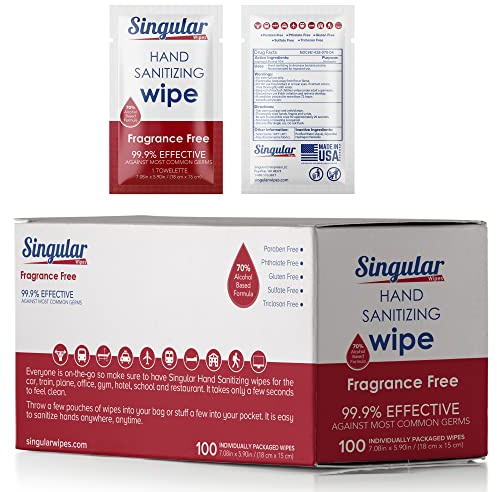 Hand Sanitizing Wipes Travel Size by Singular Wipes –100ct Individually Wrapped | Fragrance-Free, Moisturizing, 70% Isopropyl Alcohol Wipes | Travel, Home, Office, Daily Use