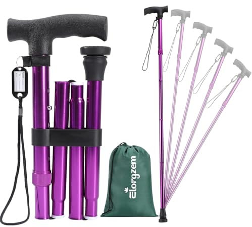 Elorgzem Gehstock Faltbar für Damen und Herren, Fünf-Fach Höhenverstellbarer Aluminium Gehstock, Ausziehbar, Klappbar mit Gummifuß, Handschlaufe und Namensschild