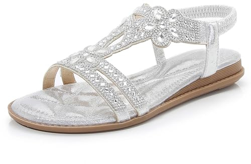 iCKER Womens Rhinestone Strappy Flat Sandals Elastic Ankle Strap-Sliver-8.5