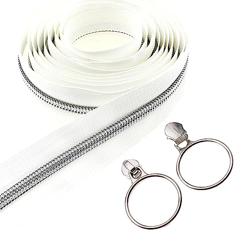 Leekayer #5 - Cierre de cremallera de nailon metálico plateado por la corte a granel 9 metros de cinta blanca con 25 deslizadores de plata para bricolaje costura y bolsa artesanal