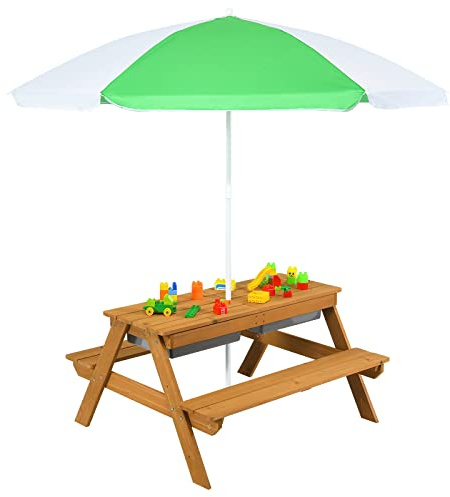 COSTWAY Set Tavolo e Sedie per Bambini da Giardino 3 in 1, con Ombrellone Rimovibile e Regolabile, Piano Rimovibile, Tavolo con Panche in Legno per Bambini da Interno Esterno (Verde e Bianco)