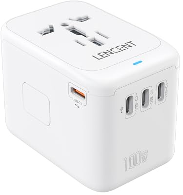 LENCENT 100W Snabb Laddning Universal Reseadapter över Hela världen, GaN III Internationell Travel Adapter med 1 USB-A & 4 Typ C, Socket Adapter Worldwide för DE USA UK IT AUS CN, Typ C/G/A/I, Vit
