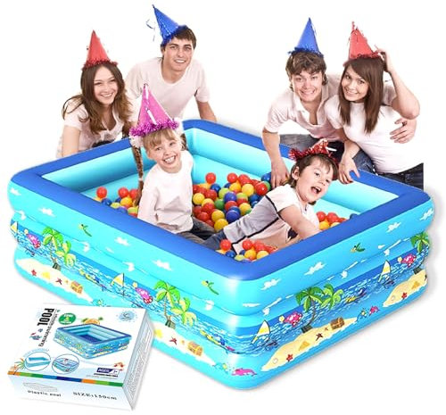 Piscina gonfiabile per bambini, 150 cm, rettangolare, facile da usare, 3 anelli con morbido pavimento gonfiabile per esterni, cortile e feste estive in acqua