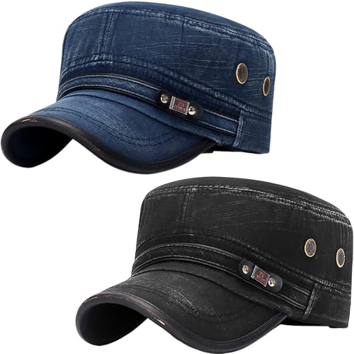 YeeHeen Cadet Army Hat 2 Pieces Flat Top Cap Unisex Military Hat for Women Men Black E + Navy E