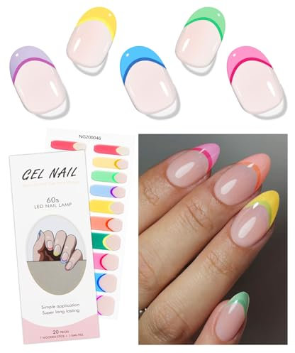 JMEOWIO Gel Nail Stickers Colorful French Tip Semi Cured Gel Nail Strips Wraps UV/LED Nails Art Design Decoration Accessories