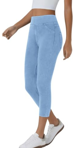 Minetom Jeggings Femme 3/4 Leggings Jean Yoga Taille Haute Ceinture Elastiquée Slim 7/8 Denim Pantalon De Crayon A Bleu Clair M