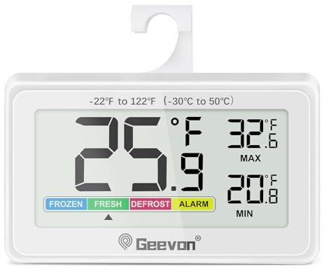 Geevon Digital Refrigerator Thermometer,IP65 Waterproof Fridge and Freeze Thermometer with Magnetic Back Large LCD,Max/Min Record Function for Home,Commercial (White-1Pack)