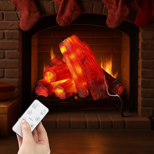 Tuanse 6 Pcs 8.7 in Flameless Fireplace Log Light with Remote Control, Christmas Fake Fire Wood for Fireplace Artificial LED Fire Log Flameless Wood Burning Flame for Festival Indoor Outdoor Decor