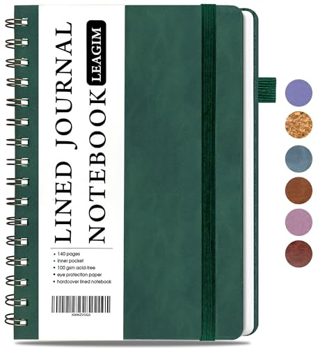 LEAGIM Lined Spiral Journal Notebook for Women & Men, College Ruled Hardcover Notebook for Work & Note Taking, Journals for Writing, 100 GSM, Business, School, 140 Pages, A5(5.8x8.5) - Dark Green