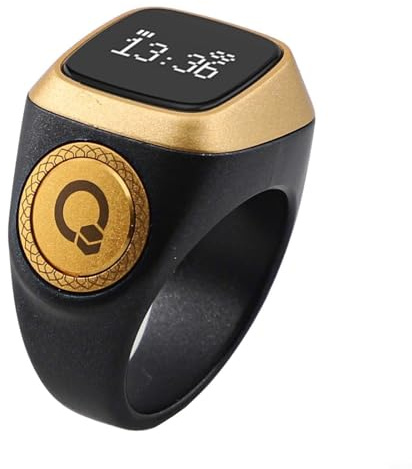 IQibla - Anello digitale intelligente impermeabile per Zikr con display e avvisi di vibrazione per 5 promemoria giornalieri del tempo di preghiera con sincronizzazione (22 mm, nero)
