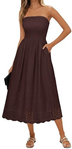 Lazysmile Summer Boho Maxi Dress for Women Strapless Tube Top Lace Trim A Line Beach Casual Long Dress Brown