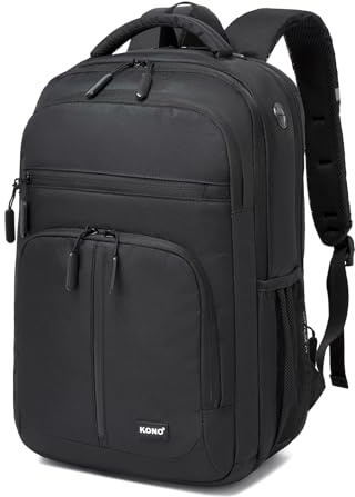 Kono Mochila Portátil Hombre 15,6 Pulgadas, Mochila Ordenador Ligera con Compartimento para PC, Equipaje de Mano para Viaje Cabina, Ideal para Trabajo, Universidad y Negocios, Negro