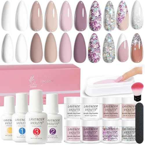 Lavender Violets Dip Powder Nail Kit French Nail Art Clear Nude Pink Glitter, Nail Primer, Base/Top Coat, Activator, Recycling Tray, Manicure Set 09