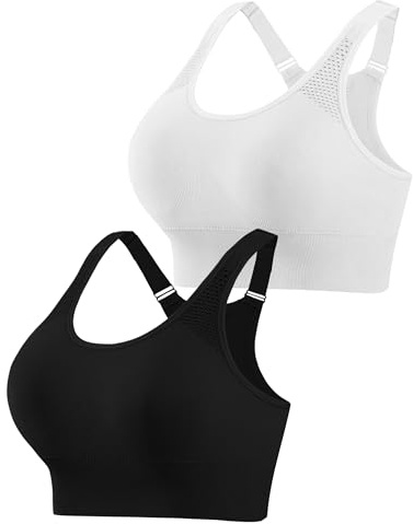 Aseniza Brassiere Sport Femme sans Armature Soutiens-Gorge de Sport Femme Maintien Fort et Confort Racerback Respirant Anti-Choc pour Yoga Fitness et Course Noir + Blanc XL