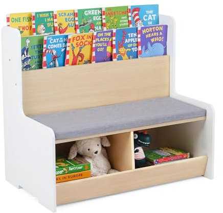 COSTWAY Banco de Almacenamiento Infantil 3 en 1, Baúl para Juguetes con Cojín Acolchado, Funda Desmontable, Estantería, Compartimentos Abiertos, Mueble Multifuncional para Niños de 3+ Años (Blanco)