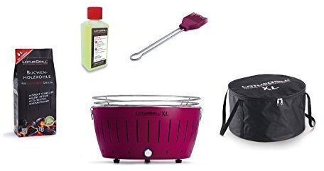 LotusGrill XL Starter Set 1x PRUGNA-VIOLA 1x CARBONE LEGNO FAGGIO 1Kg,1x PASTA COTTURA FUOCO 200ml,1x Pennello da barbecue PRUGNA-VIOLA,1x Borsa per trasporto - Der raucharme GRIGLIA CARBONE/GRIGLIA