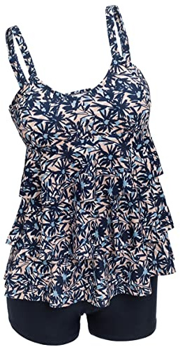 ECUPPER Ladies 2 Piece Swimwear Tankini Tops and Shorts Plus Size Printed Ruffled Swimsuits with Swimming Bottom Leaf 5XL