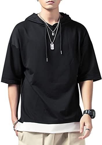 KENAIJING Homme Sweat Manches Courtes Tee Shirt Décontracté Sweats à Capuche Hoodie (Noir, L)