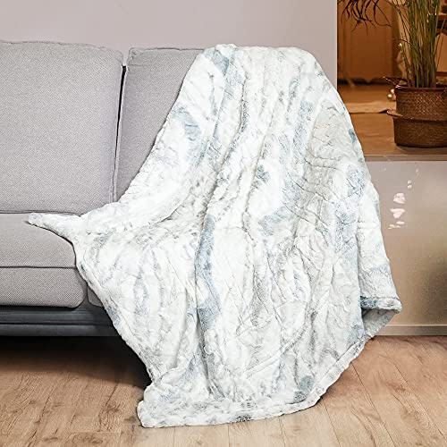 WOOMER Heated Blanket Throw 50 x 60, Electric Blanket Throw with 4 Heating Levels & 4H Auto Off, ETL Certified, Marble Blue Double-Sided Faux Fur, Over-Heat Protect, Machine Washable