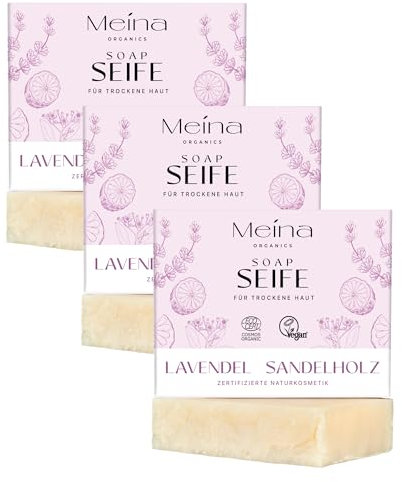 Meina Bio Seife mit Sandelholz und Lavendel, 100% Natürlich, Naturseife für trockene Haut, Zertifizierte Naturkosmetik, Ohne Palmöl, Vegan, Handgemacht, 100g