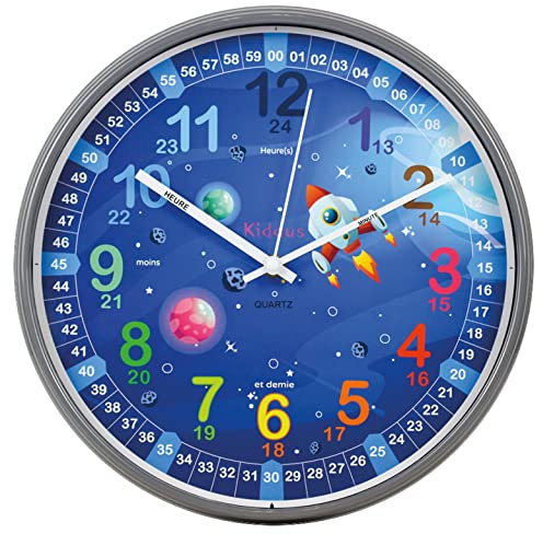 Kiddus Horloge Murale Enfant pour Apprendre l'Heure, Horloge Apprentissage 30cm avec Aiguilles Inscrites Heure et Minute, Décoration Chambre Fille et Garçon, Silencieuse, Pédagogique Chiffres Colorés