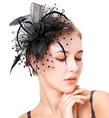 WUERKIYA Damen Fascinator Hut Gefieder Stirnband Fascinator Blumen Netz Spitzen Clip Hut Feder Haarschmuck Kopfbedeckung für Party Kirche Hochzeit Cocktail Jockey Club Fascinator Schwarz