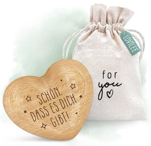 LOViLEE Schön dass es dich gibt - Handschmeichler Holz Glücksbringer Prüfung - Holz Herz inkl. Geschenkbeutel & Grußkartenset - Mutmacher Geschenk, Schutzengel Geschenk, Gute Besserung Geschenke