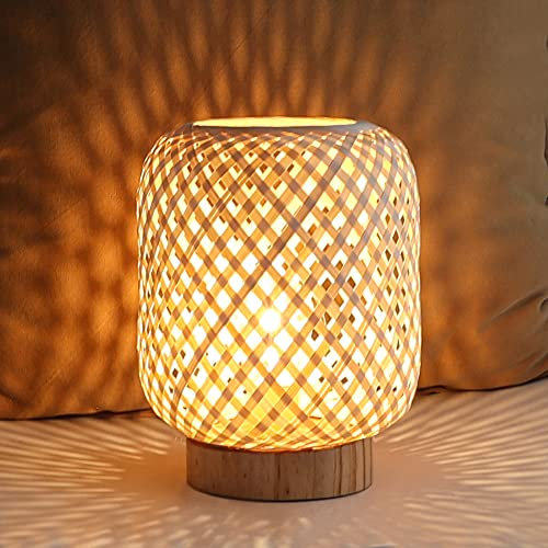 LUSHARBOR Rattan Table Lamp, Cordless Boho Battery Operated, LED Bulb, Handmade Bamboo Base, Decorative for Kids Room Entryway