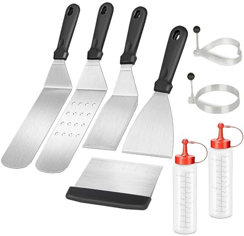 Intirilife 9-teiliges Grillbesteck Set aus Edelstahl - 2 Spatel, 2 Flaschen, 2 Eierringe, 1 Hamburger Wender, 1 Schaber und 1 Teigkarte BBQ Zubehör für Garten Camping Grillwerkzeug Plancha Kit