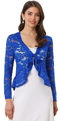 Allegra K Damen Spitzenbolero Langarm Bolero Durchsichtig Rüschensaum Crop Blumen Shrug Königsblau M