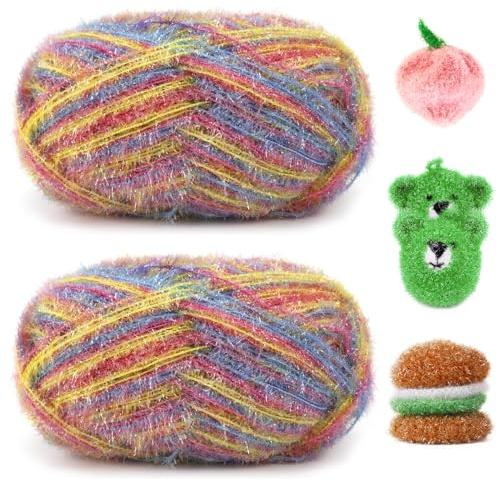 Uiopa Fil Crochet Pailletée, 2 x 100g(2 x 200m) Pelotes de Laine à Tricoter, Pelote de Laine Crochet en Polyester pour Eponges, Bricolage, Artisanat, Décoration