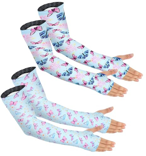 PAMASE Anti-slip Arm Sleeves - Gardening Gifts for Women, Outdoor Plant Lover UV Protection Cover with Thumb Hole for Running Biking Driving Hiking - Light Blue Butterfly