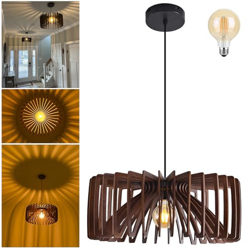 Lampada a Sospensione Legno Retrò, Lampade Sospensione Tavolo da pranzo legno Ø50cm E27 Lampadario Legno Stile Bohémien, Lampadario Cucina Moderno Regolabile in Altezza per Soggiorno, Camera da letto