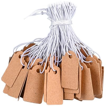 Voarge 500 Piezas Etiquetas de Precio, 25mm x 45mm Etiquetas con hilo, de cartón,para Producto Identificación Etiquetas, Marcado, Tarjetas de lugar, Marrón